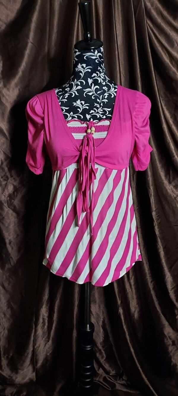 No Boundaries Pink Short Sleeve Cardigan w/Tie with Attached Striped Blouse S